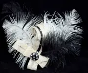 Hair Fascinator Comb w Feathers, Mesh Ribbon and Rhinestones