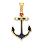 14k Yellow Gold 2-D Red White and Blue Enameled Anchor Pendant