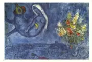 MARC CHAGALL Bouquet of Flowers Above Paris 15" x 22" Poster 1969 Modernism Blue