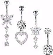 [Cosmeria] 4-piece Set Fake Belly Button Piercings, Silver Clip-On Belly Button Piercing Fakes with Zirconia Decorations, Ideal for Parties and Everyday Use