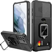 for Samsung Galaxy S21 Case, Galaxy S21 Case with [Card Holder] Camera Cover Built-in 360° Rotate Ring Stand Kickstand Magnetic Magnet Heavy Duty Protective Phone Case for S21 6.1"