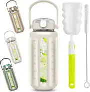 64 oz Large Glass Water Bottle with Straw, Thick Silicone Sleeve, Time Marker