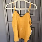 NWT ANA Mustard ditzy floral print cotton rayon top with ruffle.