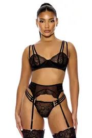 [Forplay] Glamazon 3 Piece Floral Lace Bra Set with Garter Belt & Panty