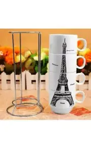 Four 4oz Coffee Cups Set w Metal Rack Eiffel Tower France Cuban Espresso Taza