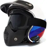 Bluetooth Motorcycle Helmet, PU Leather Helmet 3/4 Motorcycle with Visor DOT/ECE Approved Crash Vintage Jet-Helmet for Adult Men and Women for Biker Cruiser Scooter Helmet A,S(55-56CM)