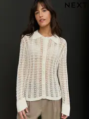 White Ecru Stitch Long Sleeve Button Up Top (E94229) | $90