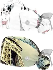[WOSHJIUK] Working Hat 2 Pack Scrub Caps for Women,Eiffel Tower French Bulldog,Tie Back Cap Adjustable Scrub Hat