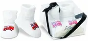 [Jefferies Socks] Seamless Organic Fireman Applique Bootie Gift Set, White, 3-12 Months