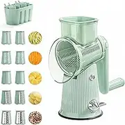 Rotary Cheese Grater with Handle,Rotary Cheese Grater 5 in 1 Replaceable Stainless Steel Blade,Vegetable Slicer,Rotary Cheese Grater Storage Box with Blade (Green)