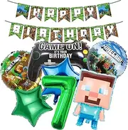 Minecraft Birthday Decorations - 7 Year Happy Birthday Banner, Foil Balloons for Boy, Cartoon Funny Party Supplies, Gaming Theme Decoration
