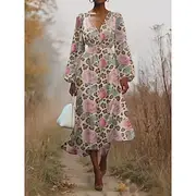 Women's Midi Dress Casual Dress Chiffon Swing Dress Modern Vacation Daily Weekend Regular Fit Floral Butterfly Long Sleeve V Neck Pink Dark Green Green Summer