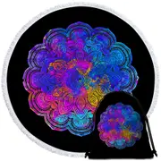 Bluish Reddish Mandala over Black Round Beach Towel