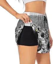 [JBYJBX] Black and White Sunflowers Print Shorts Athletic Running Women's Workout Pockets Gym Quick-Dry Sport Hiking Elastic