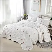 White Full/Queen Size Quilt Bedding Sets Cotton Lightweight Soft Floral Bedspread Coverlet Quilted Blanket Thin Comforter Bed Cover, 3 Pieces