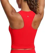 [CRZ YOGA] Womens Seamless Ribbed Longline High Neck Sports Bra - Racerback Padded Slim Fit Crop Tank Top with Built in Bra