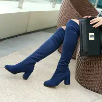 在飛比找Yahoo!奇摩拍賣優惠-免運秋冬季新款粗高跟圓頭軟絨布面長筒絨布靴藍色酒紅豹紋女靴子