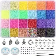 24 Colors Pony Beads Set, BetterJonny 3mm Glass Seed Beads Bracelet Necklace Beads with Pendant Tools and Letter Beads Small Rainbow Beads with Storage Box for DIY Jewelry Craft Making（Color 9）