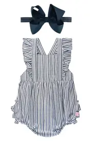 RuffleButts Stripe Bubble Romper & Bow Head Wrap Set
