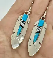 Navajo Inlay White Buffalo &Turquoise Feather Dangle Sterling Earrings M Yazzie