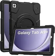 [Andnary] Case for Samsung Galaxy Tab A9+, Heavy Duty Shockproof Cover with Pencil Holder/360° Rotating Handheld Stand/Shoulder Strap, A9 Plus Case 11 Inch 2023 for SM-X210/X216/X218, Black