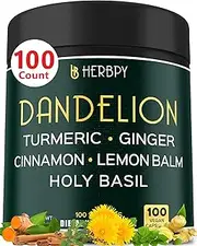 Herbpy 6in1 Dandelion Root Supplement, Rich in Vitamins & Minerals - Healthy Digestion, Heart & Immune Support - Blended with Ginger, Turmeric, Ceylon Cinnamon, Lemon Balm & Holy Basil - 100 count