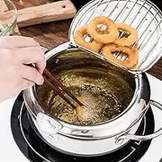 Deep Fryer Pot, Stainless Steel Deep Frying Pot With Thermometer, Lid and Oil Drip Drainer Rack, Tempura Deep Fryer Pot for Kitchen French Fries ChickenWings and Shrimp (24CM)