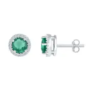 14k White Gold Round Created Emerald Solitaire Stud Earrings 1 Cttw