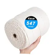 Macrame Cord 4mm x 547Yards, Natural Cotton Macrame Rope - 4 Strands Twisted