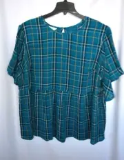 New Terra & Sky Blue Plaid Women's Plus Size 1X Flutter Babydoll Top Blouse