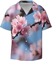 [HVTTIOR] Beautiful Cherry Blossoms Print Short Sleeve Shirt Cuban Collar Beach Casual Style Summer Vacation Relaxed Fit