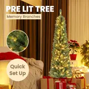 Costway 1.5M Festive Sherwood Fir Tree Pre-Lit Christmas Slim Memory Branchs Tree Xmas Pencil Tree Party Decoration Gift