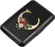 [Simikol] Hard Shell Card Holder Initail Letter Rose Flower Credit Card Case RFID Blocking Mini Wallet for Women and Girls, Letter C, C