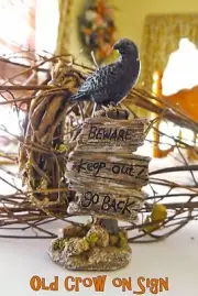 Halloween CROW on BEWARE SIGN Miniature FIGURINE Fairy Faerie Gnome Garden RESIN