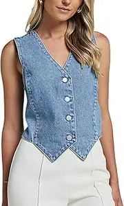 [cffvdiz] Women's Casual V Neck Slim Button Front Denim Short Jean Vest Top