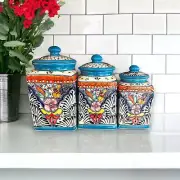 Set of 3 Light Blue Talavera Canister Set | Handmade Mexican Pottery from Puebla