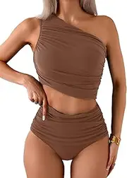 [Maevier] Tankini Swimsuits for Women Tummy Control Two Piece Bathing Suits Mesh One Shoulder Swim Suit