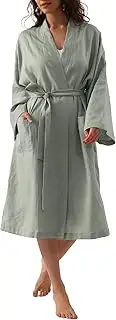 [Amazhiyu] Womens Pure Linen Mid Length Kimono Robes Lightweight Long Sleeve Bathrobe