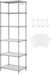 Oscrobie 6-Tier Adjustable Height Steel Wire Shelf Rack, Silver, 16.6” x 11.6” x 63”, 50 lb Capacity, Kitchen, Bathroom, Pantry Storage