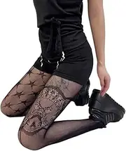 [Oxtxuzdm] Womens Japanese Aesthetic Asymmetrical Star Pattern Fishnet Pantyhose Punk Hollowed Out Sheer Lace Tights Stockings