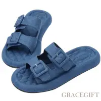 在飛比找momo購物網優惠-【Grace Gift】菱格紋圓頭寬帶拖鞋(深藍)
