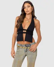 EDIKTED Womens Luma Split Front Backless Halter Top BLACK