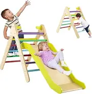 HONEY JOY Wooden Climbing Triangle Ladder for Kids, 2 in 1 Pikler Triangle Climber with Ramp for Slide, Children Indoor Montessori Climber Play Set for Girls Boys (Multicolor)