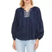 VINCE CAMUTO NEW Women's Navy Linen Embroidered Peasant Blouse Shirt Top XS TEDO
