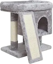 SYANDLVY Small Cat Tree for Indoor Cats, Cat Tower with Scratching Post, Modern Activity House for Large Cats, Condo with Board, Kittens Cave (Light Grey)