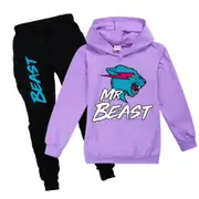 Kids Boys Girls Mr Beast Lightning Cat Hoodies+pants Suit Tracksuit Outfits Sets 7-14 Years Purple 13-14 Years