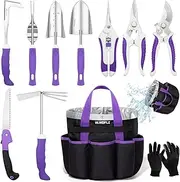 Purple Garden Tool Set Gardening Gifts for Women - 11PCS Heavy Duty Garden Tools with Detachable Storage Bag, Weeder, Dual-Purpose Hoe