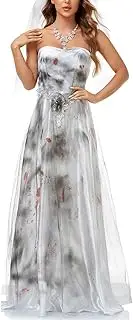 [Oplxuo] Ghost Bride Wedding Dresses Halloween Cosplay Vampire Zombie Costumes Off Shoulder Tulle Long Maxi Dress for Women
