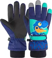 [OPUHOHR] Kids Ski Gloves, Dinosaur Winter Warm Windproof Snow Mittens for 2~13 Years Old Kids Cold Weather Gloves Girls Boys Sledding Snowboard Skating Cycling Running and Outdoor Activities