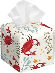 Crab Tissue Box Cover Square Leather Tissue Box Holder Waterproof for Office, Dining Table, Car, Tabletop, Bathroom, Bedroom 5"X5"X5"
